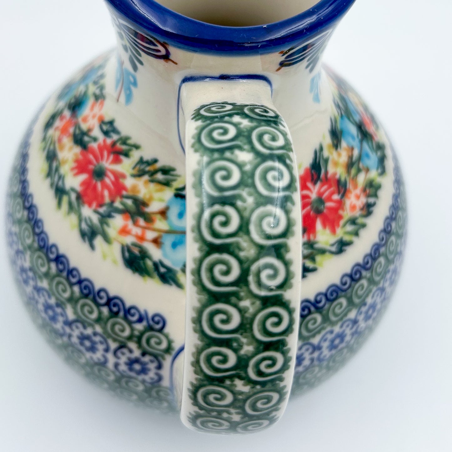 5 cup. Pitcher.  Hand painted Polish pottery stoneware.  UNIKAT Ring of Flowers