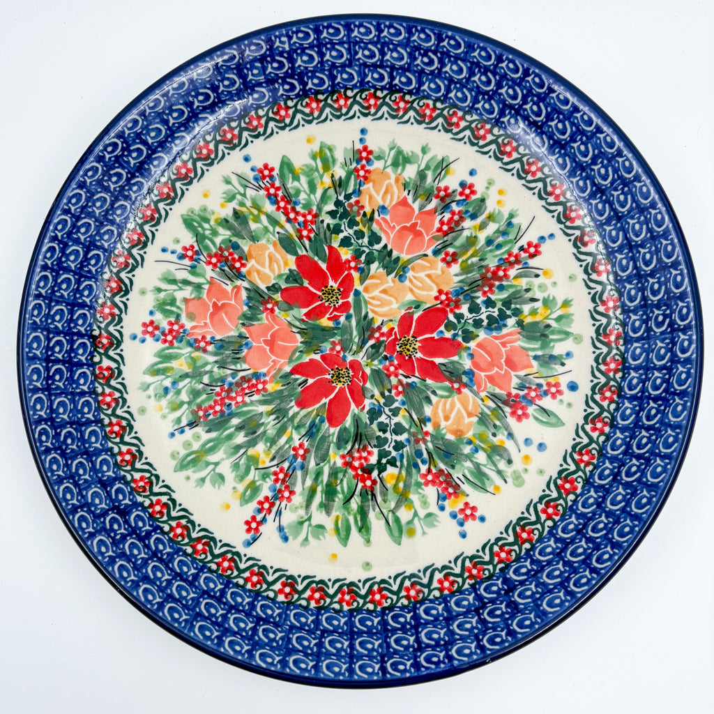 10.5” Plate.  Hand crafted Polish pottery stoneware: UNIKAT Red and Yellow Flowers Design