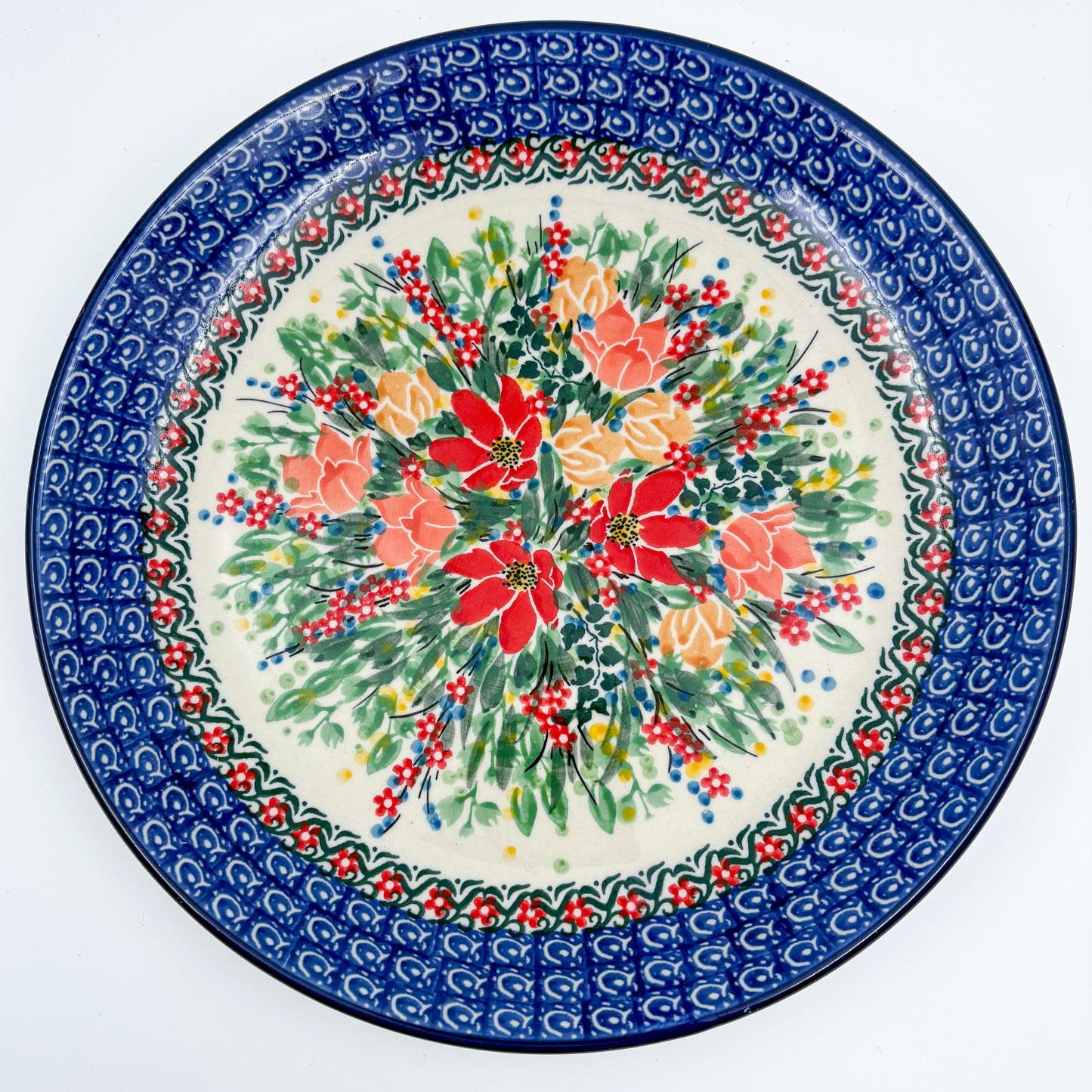 10.5” Plate.  Hand crafted Polish pottery stoneware: UNIKAT Red and Yellow Flowers Design