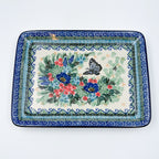 Mariposa rectangular platter, angled corner view of full floral bouquet and butterfly with layered border