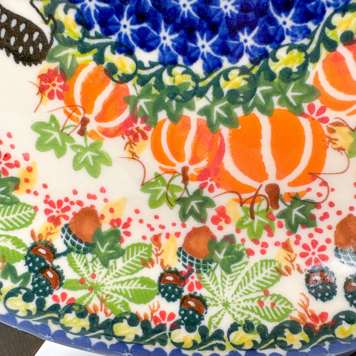 10.2” Plate.  Hand crafted Polish pottery stoneware: UNIKAT Hedgehog and Pumpkins