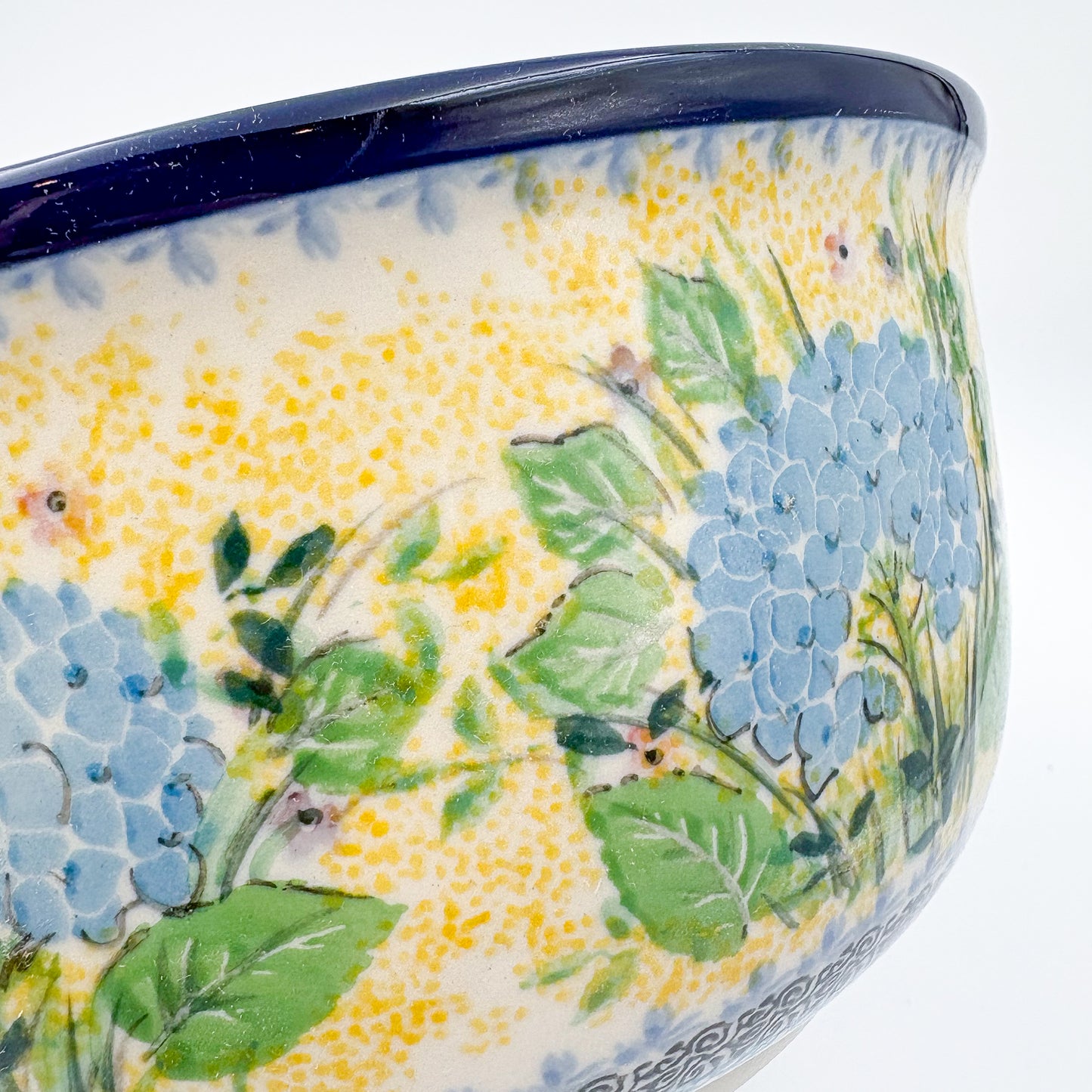 9” Serving Bowl.  Hand crafted Polish pottery stoneware: UNIKAT Blue Hydrangea Design