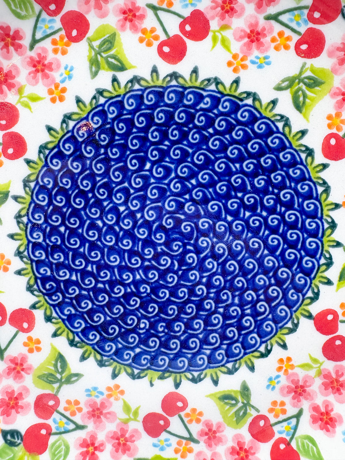 10.2” Plate.  Hand crafted Polish pottery stoneware: UNIKAT Cherry Blossom Design