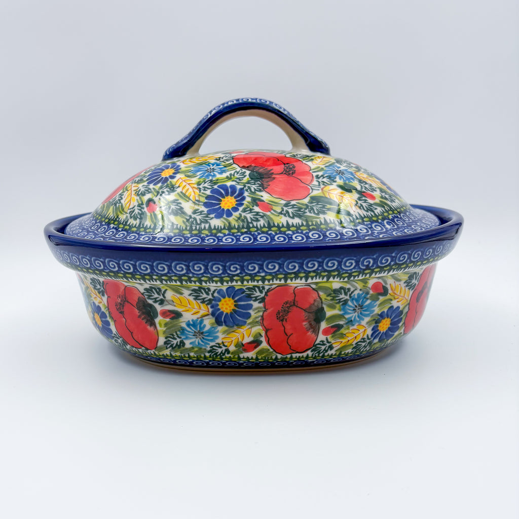 10” Baker Jacek with Lid Handmade in Poland.  UNIKAT Garden Poppy