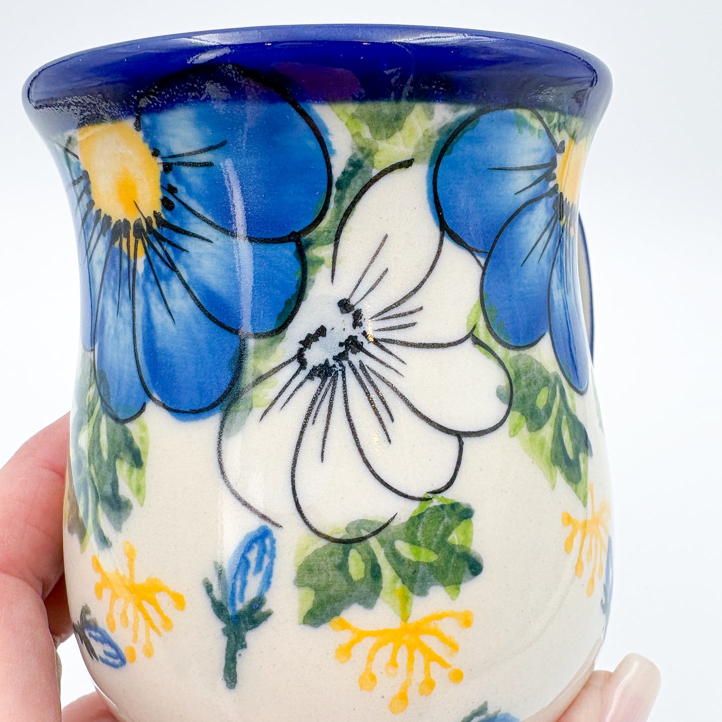 Tulip Mug 10oz. Handcrafted Polish pottery stoneware:  UNIKAT Blue Petal Dance