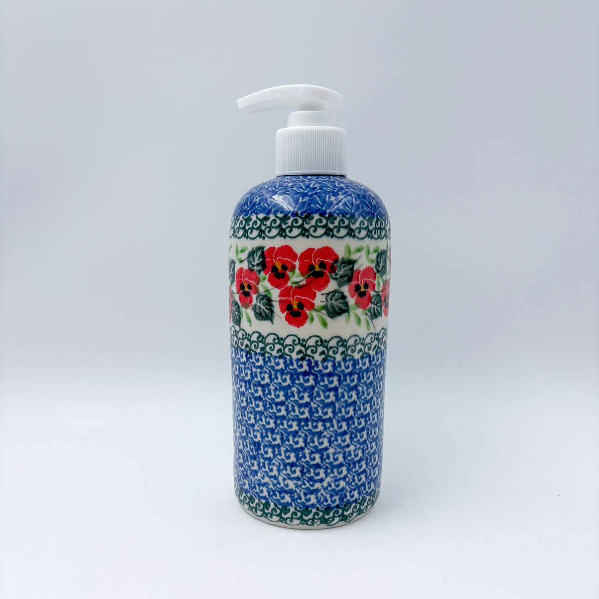 Soap Dispenser 7"  Handmade Polish pottery.  UNIKAT  Delicate Red Flowers Design