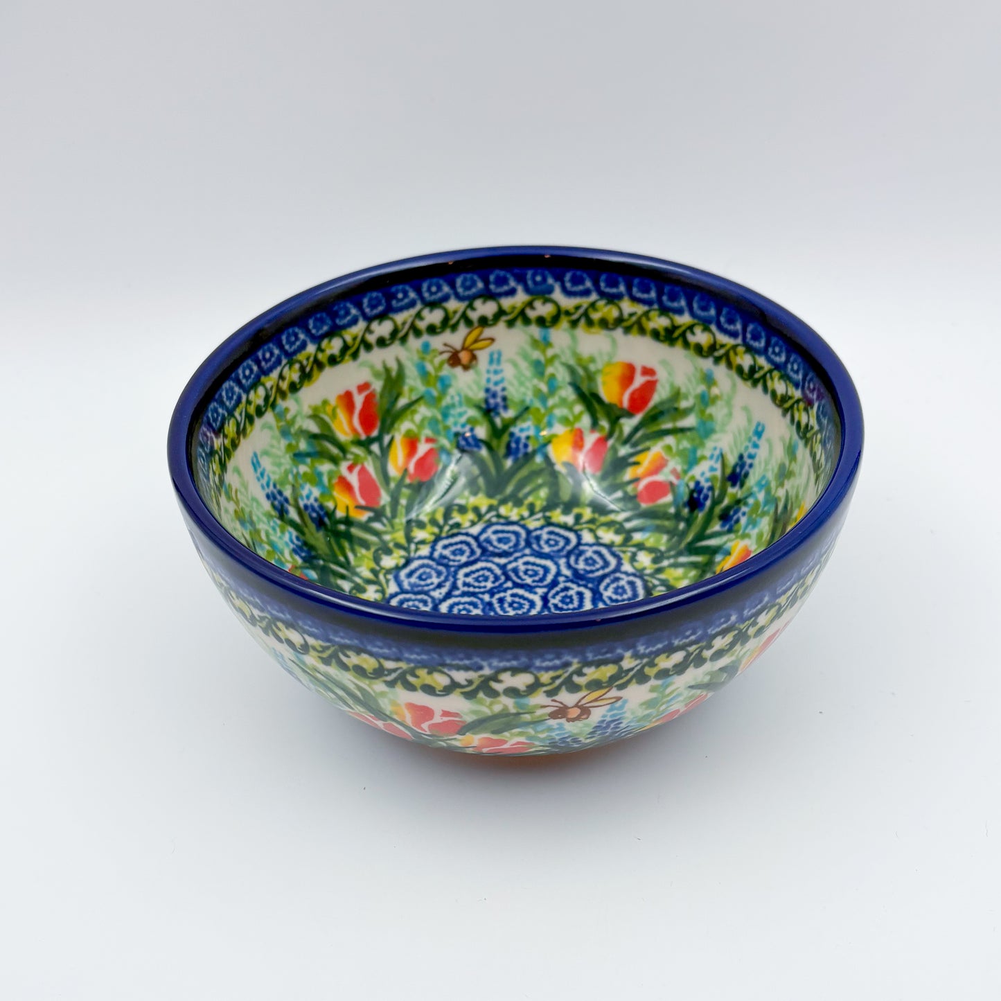 6” Bowl.  Hand crafted Polish pottery stoneware:  Tulips and Bees Design
