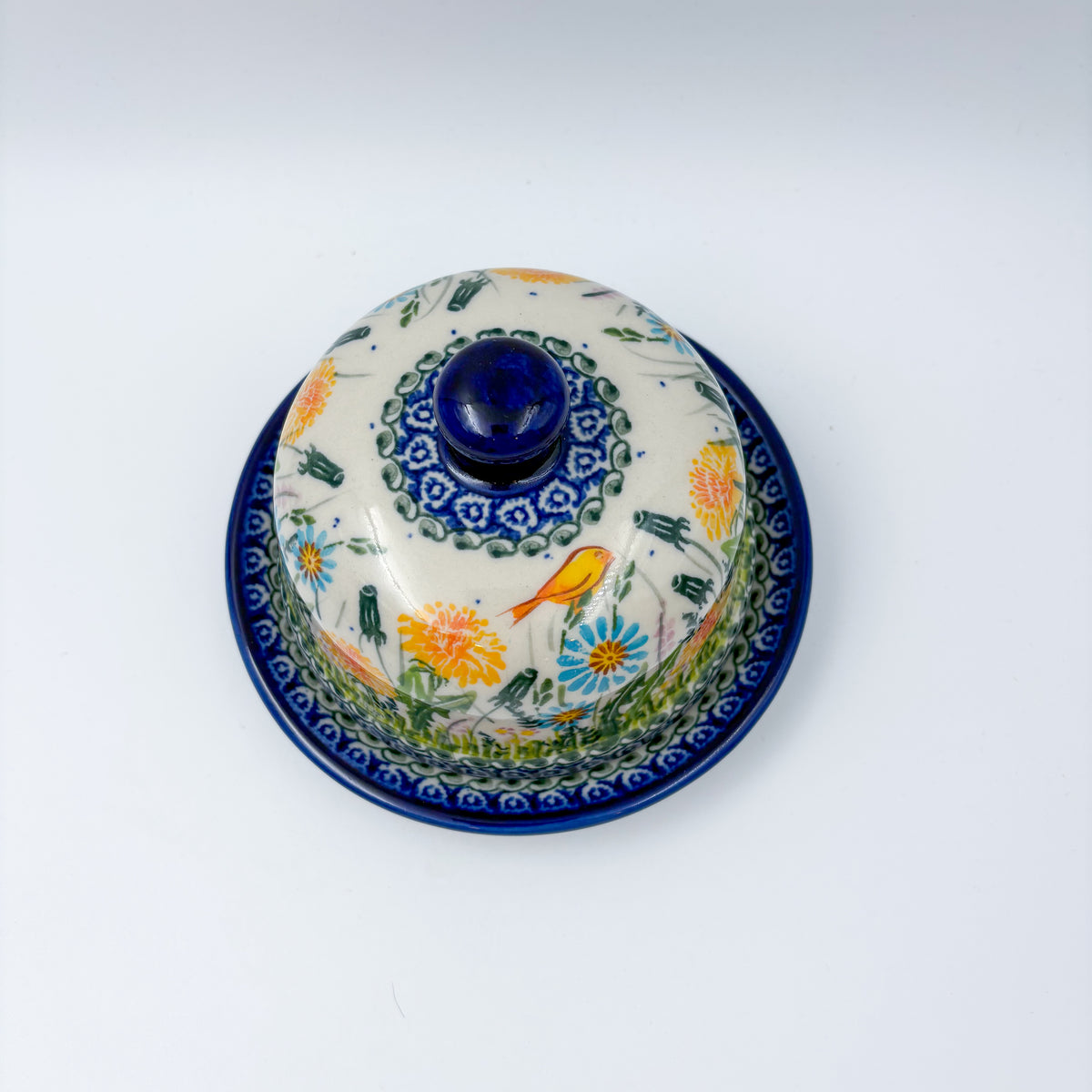 Round Butter/Cheese Covered Dish: UNIKAT Songbird Design