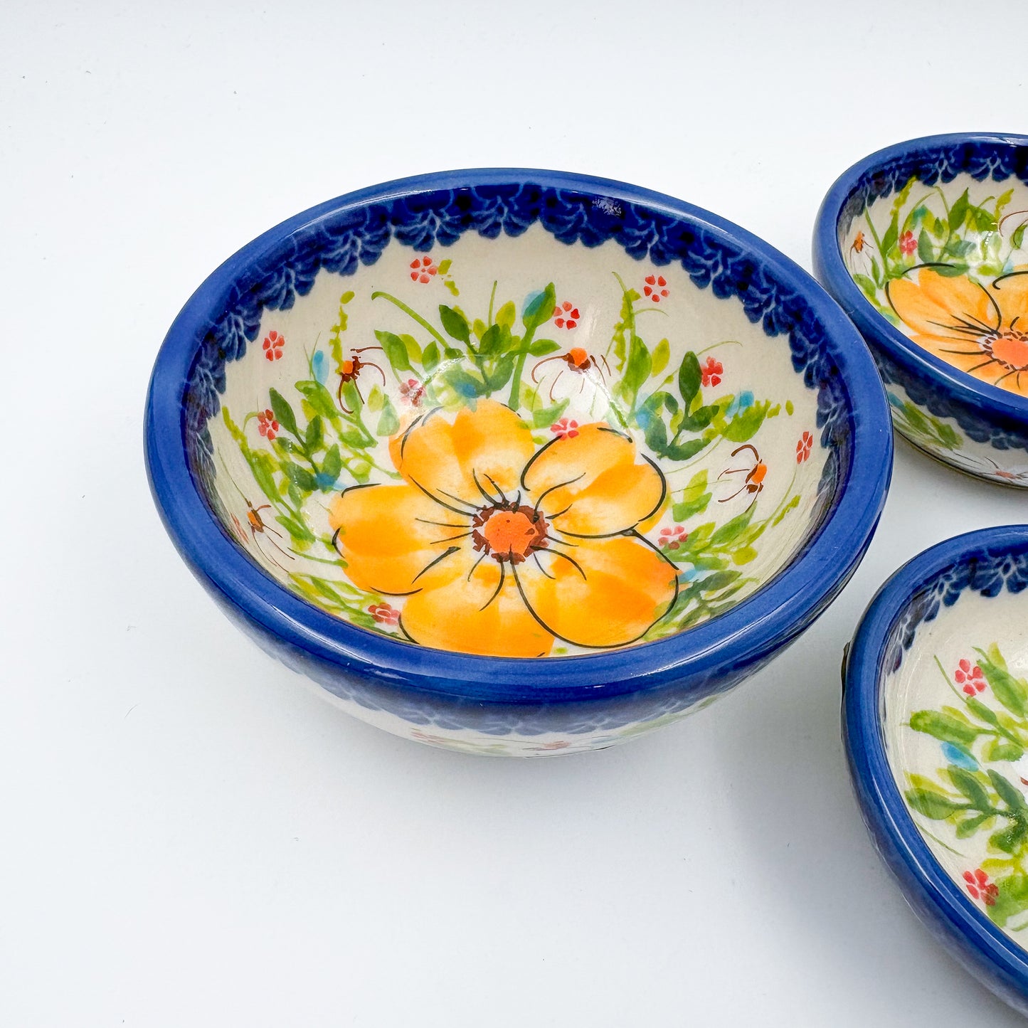 Small Set 3 stacking Bowls.  Hand crafted Polish pottery stoneware:  UNIKAT Orange Poppy