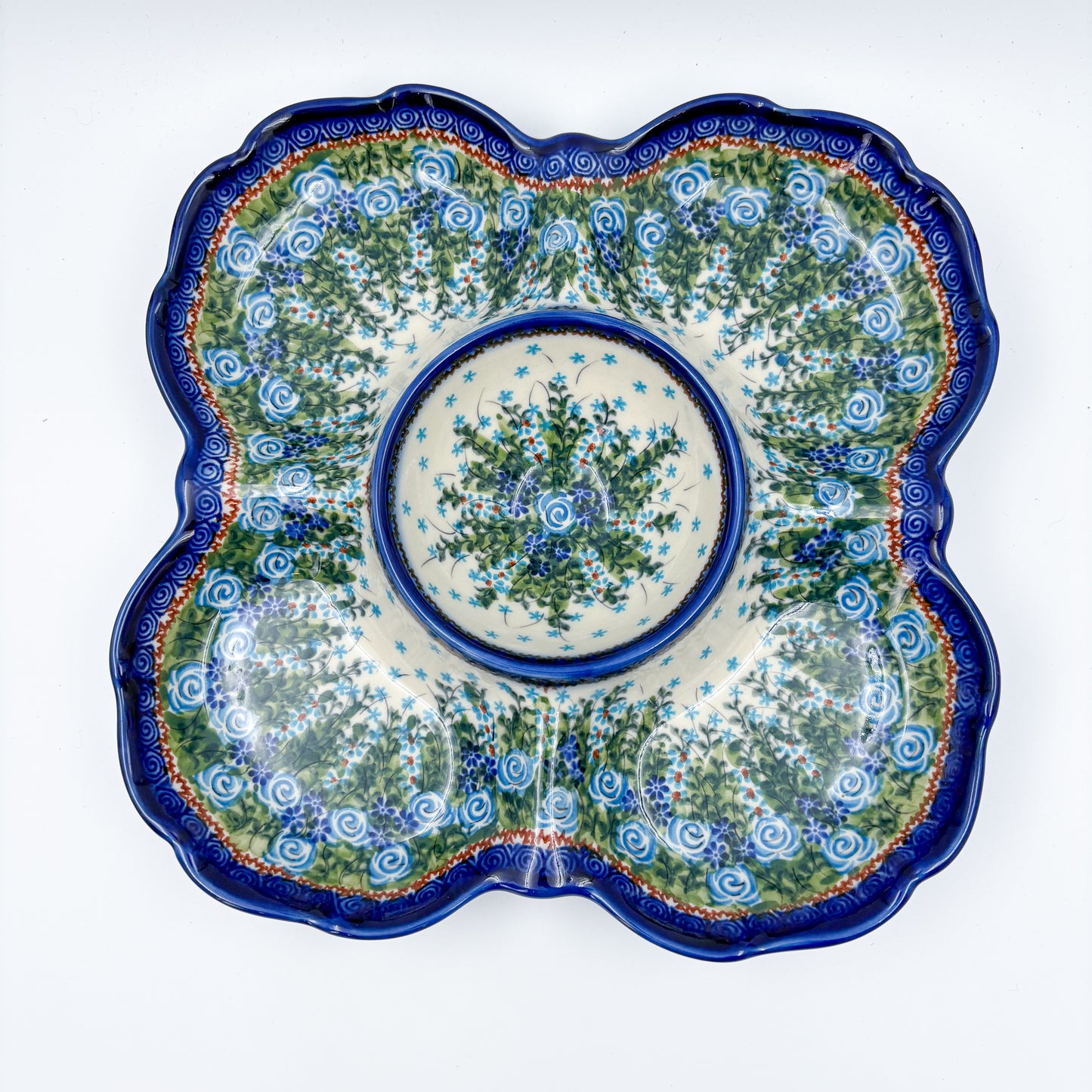 11" Divided Platter with Center Bowl.  Hand crafted Polish pottery stoneware: UNIKAT Whispering Ferns