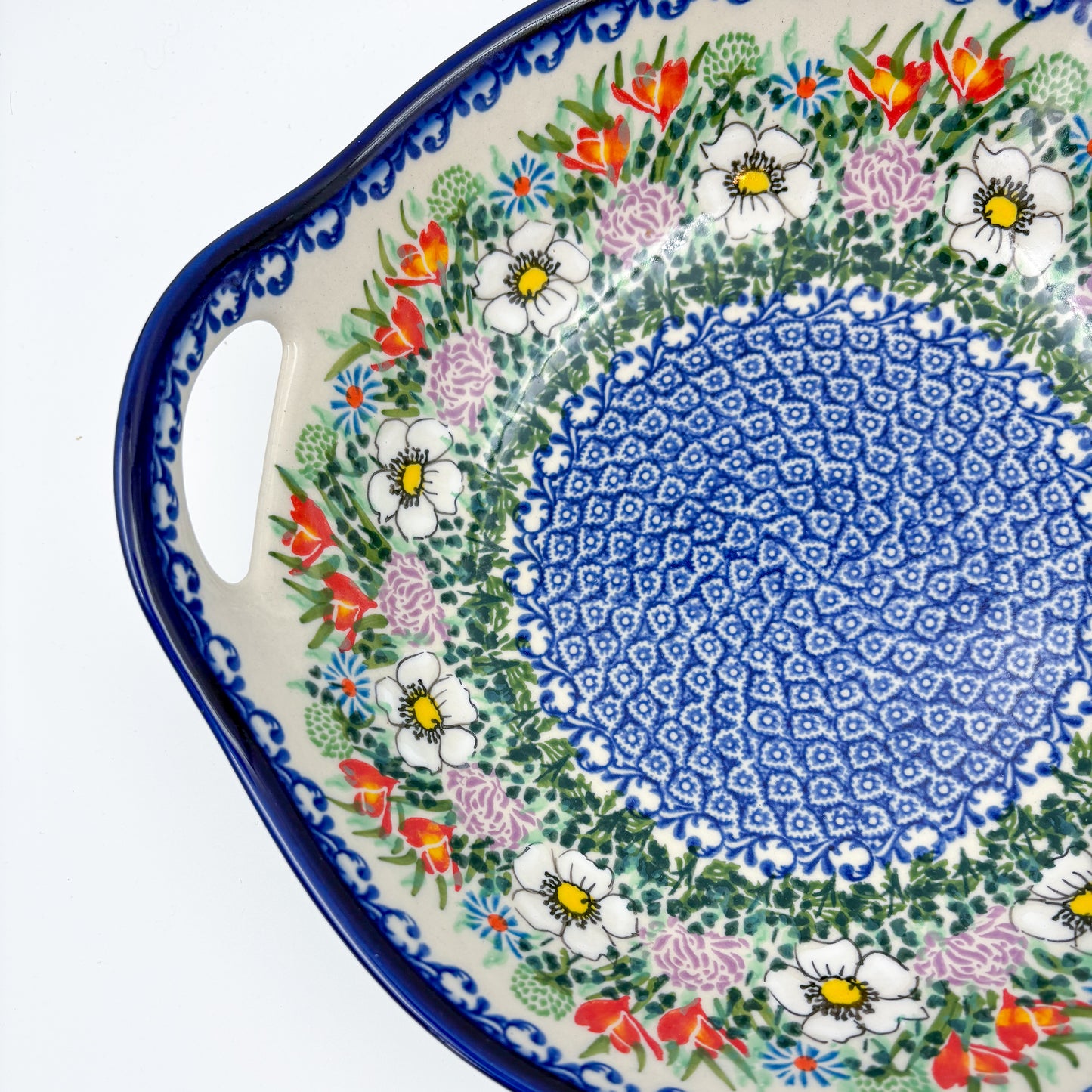 10" Bowl with Handles.  Hand crafted Polish pottery stoneware:  UNIKAT Cottage Garden