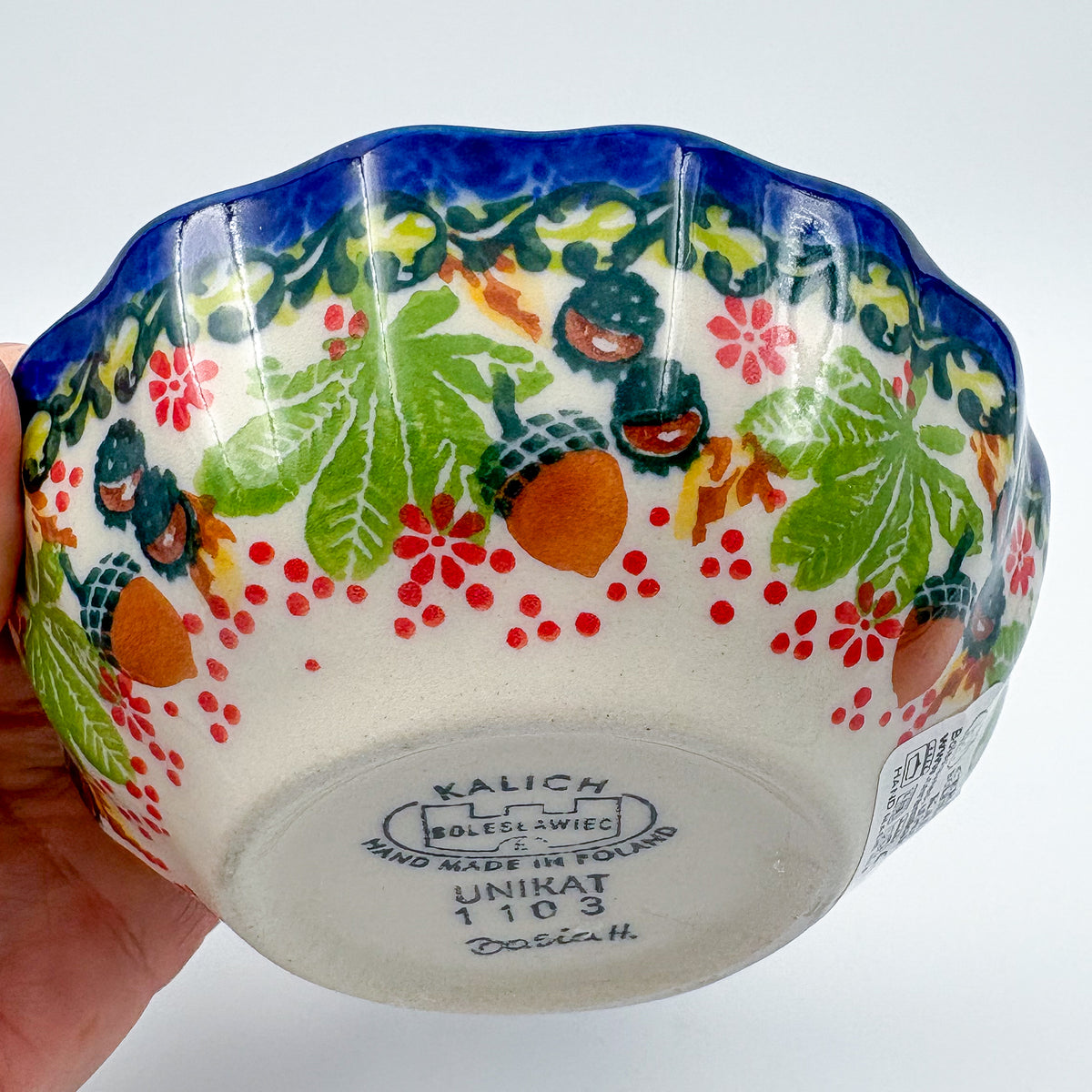 UNIKAT Hedgehog and Pumpkin scalloped bowl, exterior side view held in hand showing acorn and leaf band
