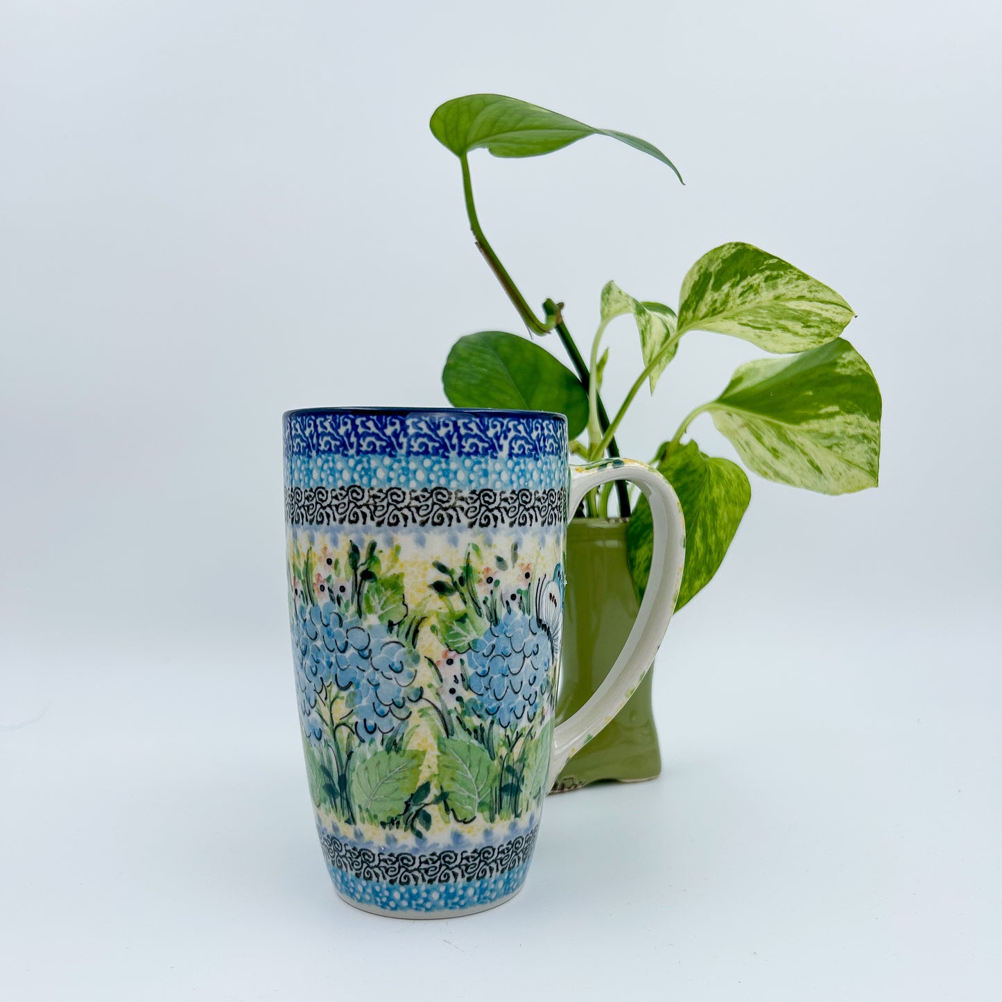 Latte Mug. Handcrafted Polish pottery stoneware: UNIKAT Blue Hydrangea