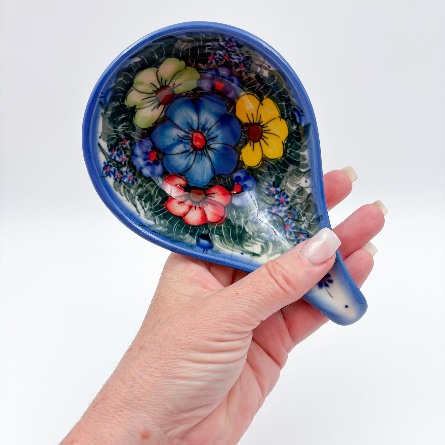 Spoon Stand.  Handmade Polish pottery.  UNIKAT Forget Me Not Pansy