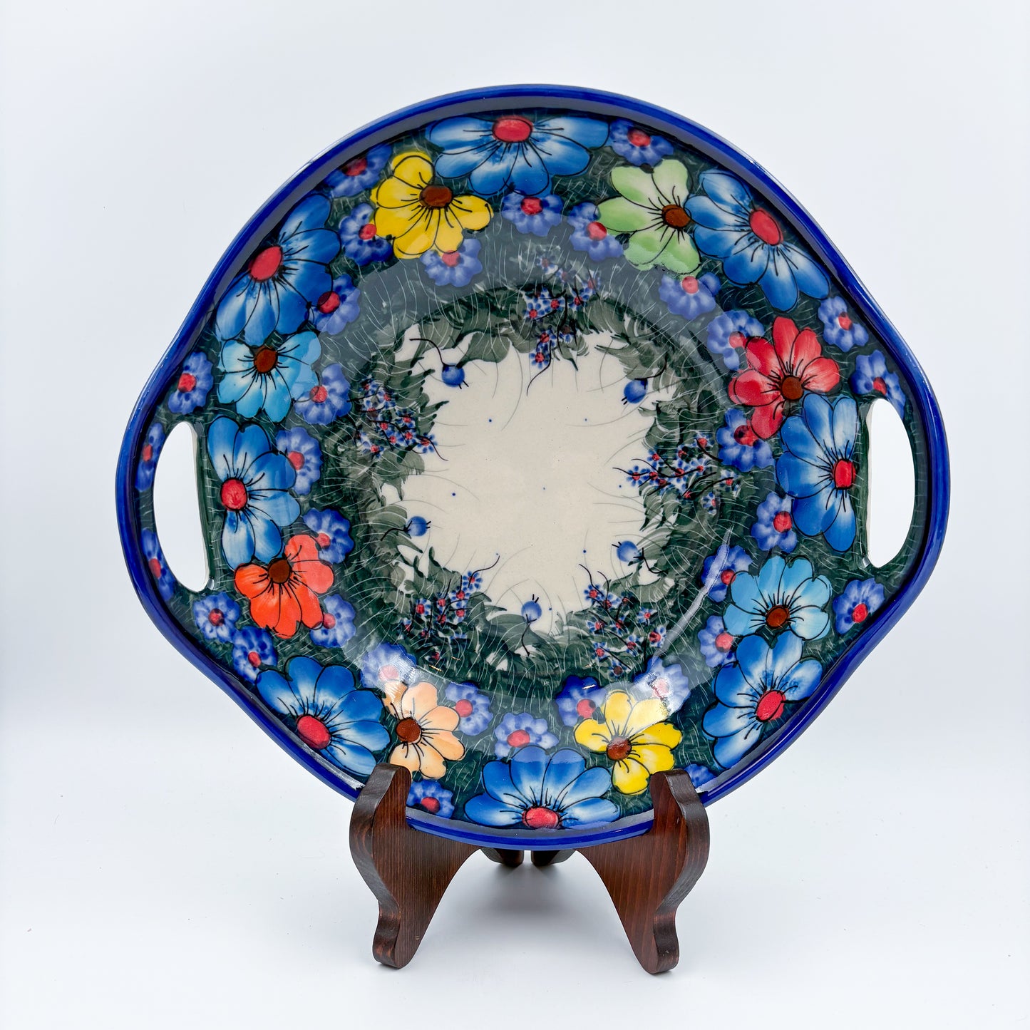 10" Bowl with Handles. Hand crafted Polish pottery stoneware:  UNIKAT Forget Me Not Pansy Pattern