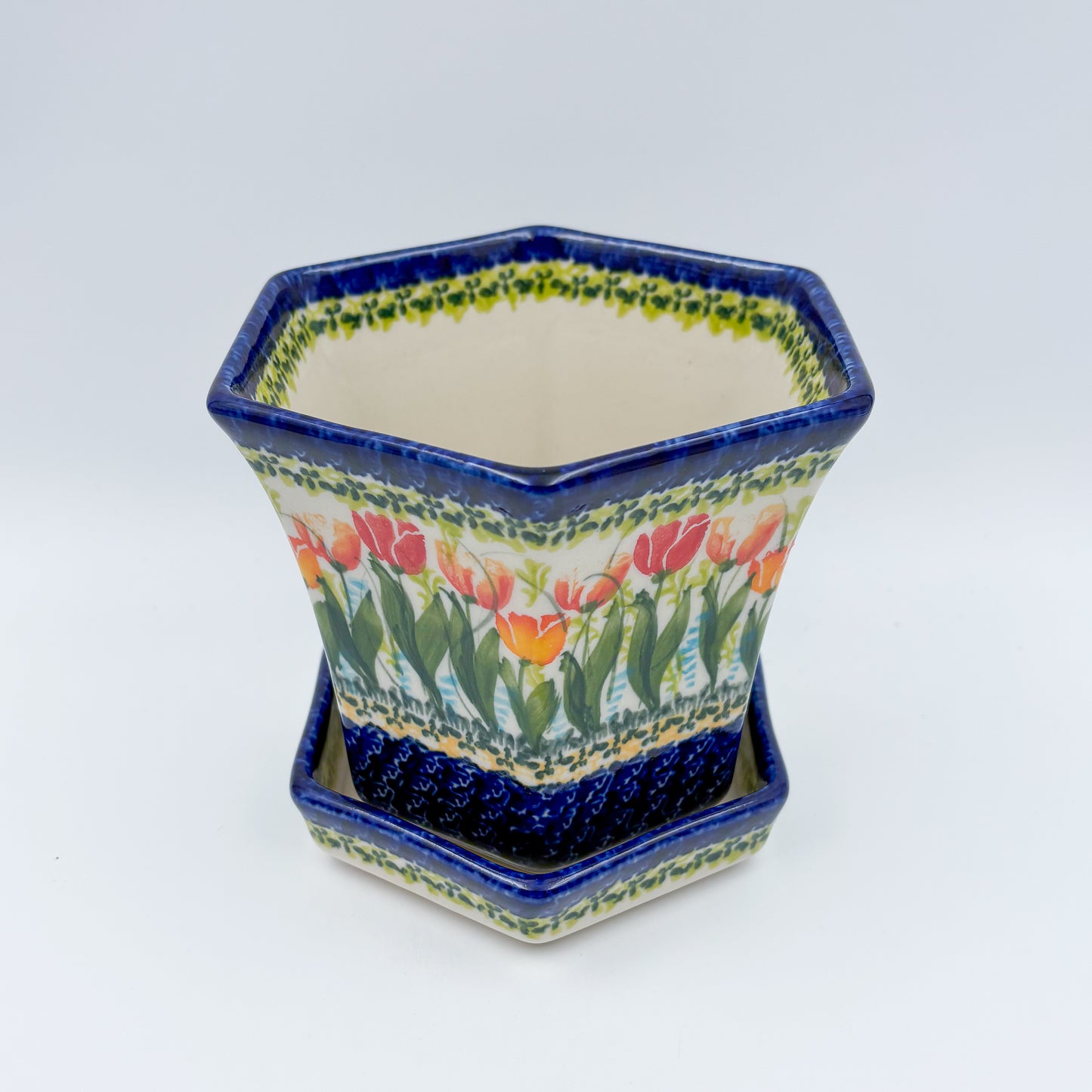 5” Flower Pot.  Handmade Polish pottery.  UNIKAT Tulip Fields