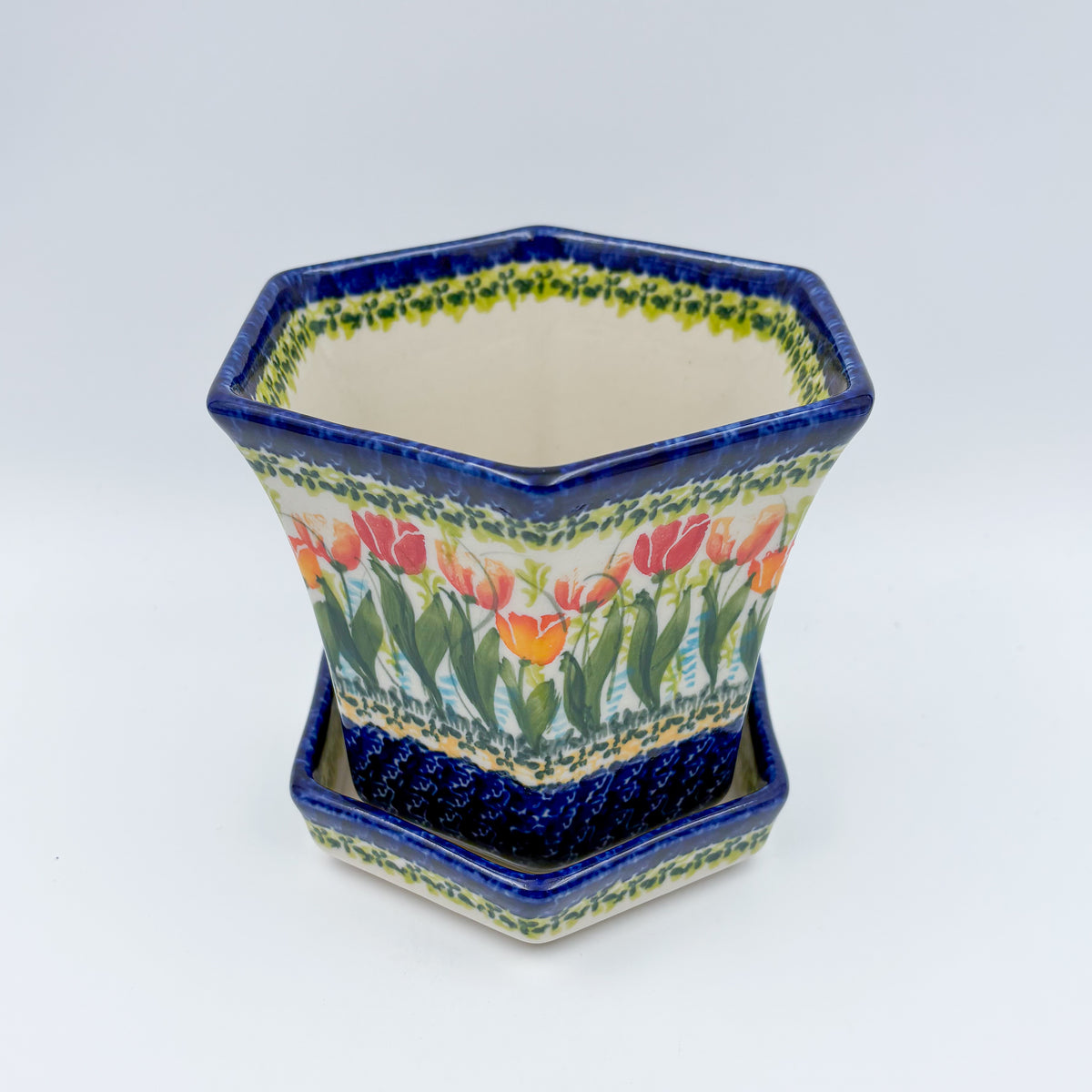 5” Flower Pot.  Handmade Polish pottery.  UNIKAT Tulip Fields