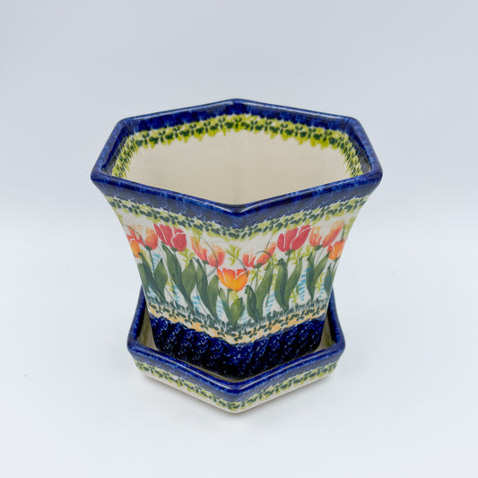 5” Flower Pot.  Handmade Polish pottery.  UNIKAT Tulip Fields