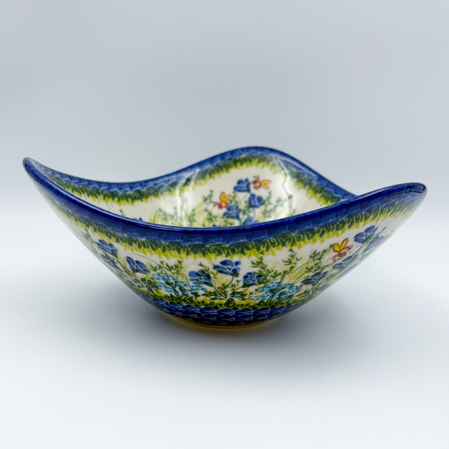3 Point Bowl.  Hand crafted Polish pottery stoneware:  UNIKAT Bluebell Meadow