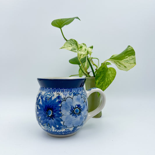 16 oz Bubble Mug. Handcrafted Polish pottery stoneware: UNIKAT Blue Wildflower
