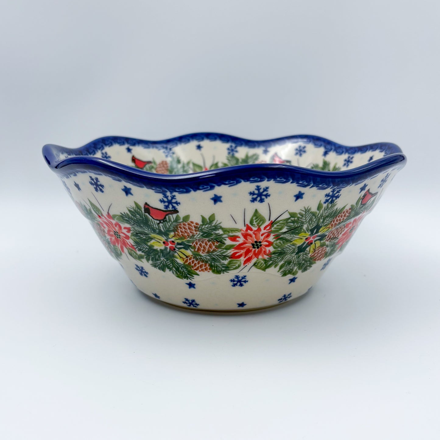 9” Wavy Bowl.  Hand crafted Polish pottery stoneware:  Christmas Cardinals
