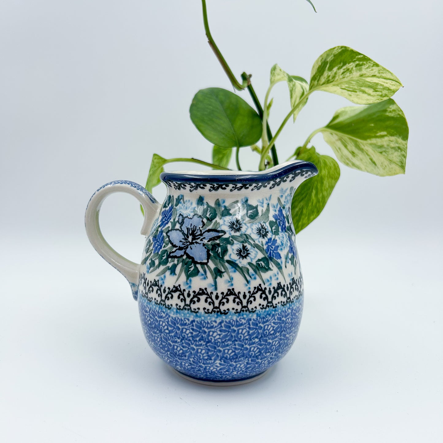 17 oz. Pitcher.  Hand painted Polish pottery stoneware.  UNIKAT Rhapsody in Blue