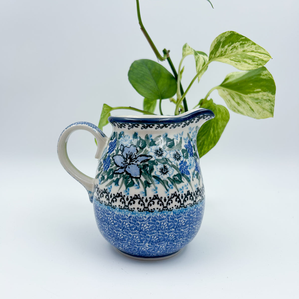 17 oz. Pitcher.  Hand painted Polish pottery stoneware.  UNIKAT Rhapsody in Blue