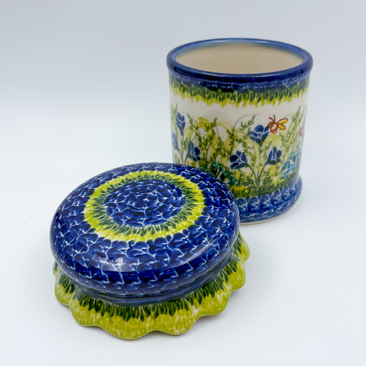 5" Container with Ruffled Lid Small.  Handmade Polish pottery.  UNIKAT Bluebell Meadow Design