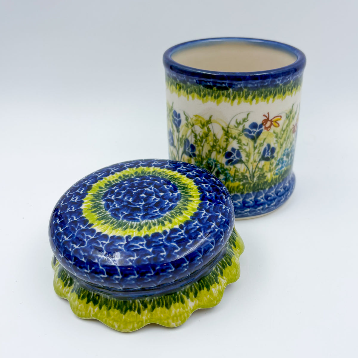 5" Container with Ruffled Lid Small.  Handmade Polish pottery.  UNIKAT Bluebell Meadow Design