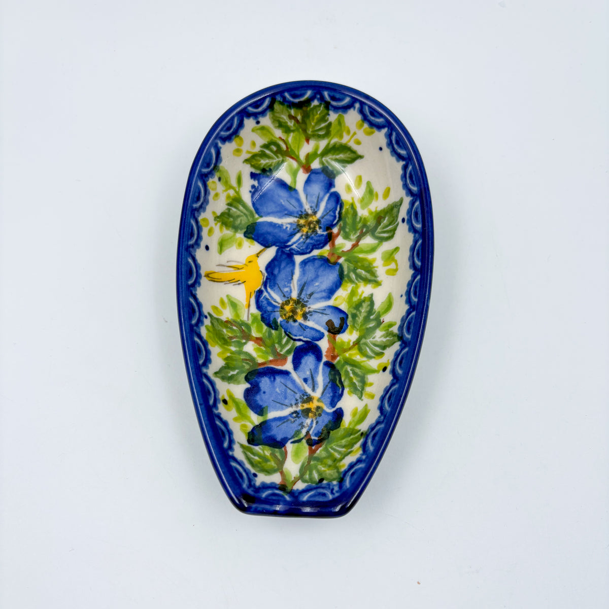 Spoon Rest 5”.  Handmade Polish pottery.  UNIKAT Blue Poppy Songbird