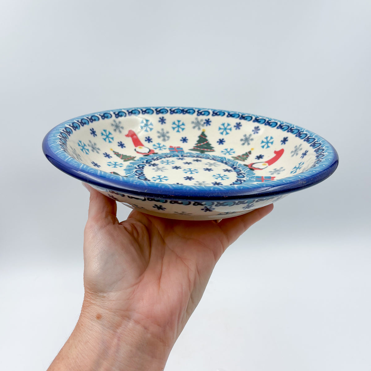 9”  Deep Bowl.  Hand crafted Polish pottery stoneware: UNIKAT Dancing Snowman Design
