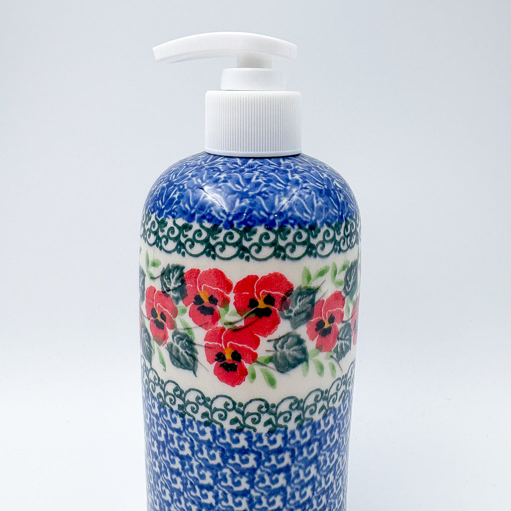 Soap Dispenser 7"  Handmade Polish pottery.  UNIKAT  Delicate Red Flowers Design