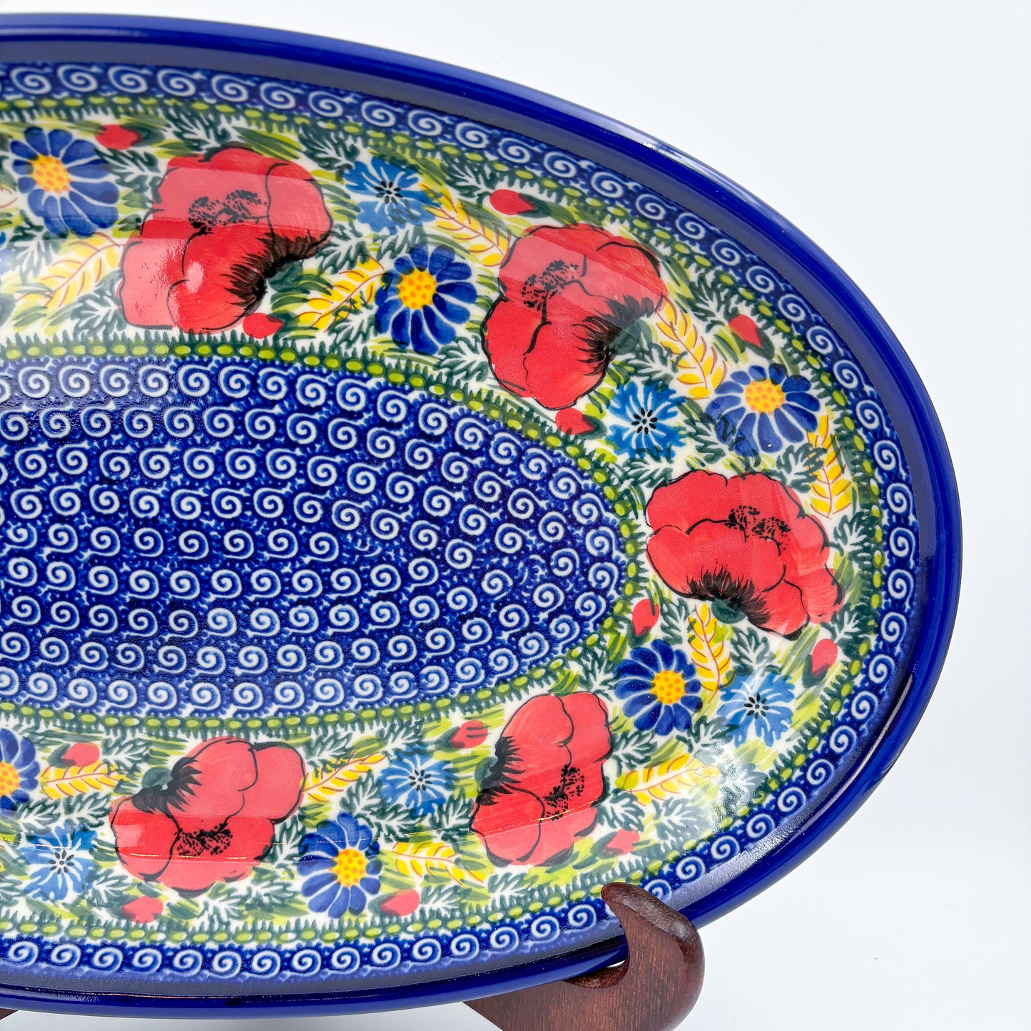 14" Oval Platter  Hand crafted Polish pottery stoneware: UNIKAT Garden Poppy Design