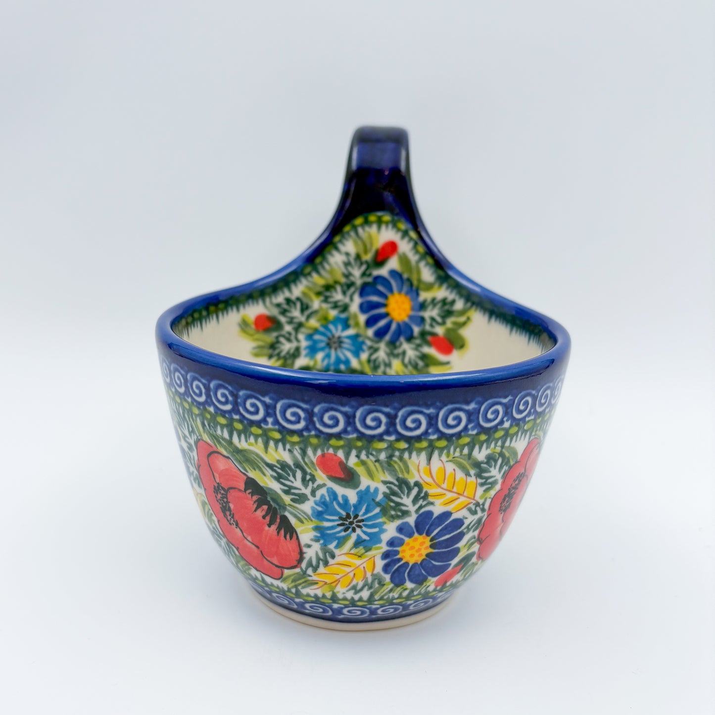 12 oz Bowl/Mug with Loop-Handle.  Hand crafted Polish pottery stoneware: UNIKAT Garden Poppy