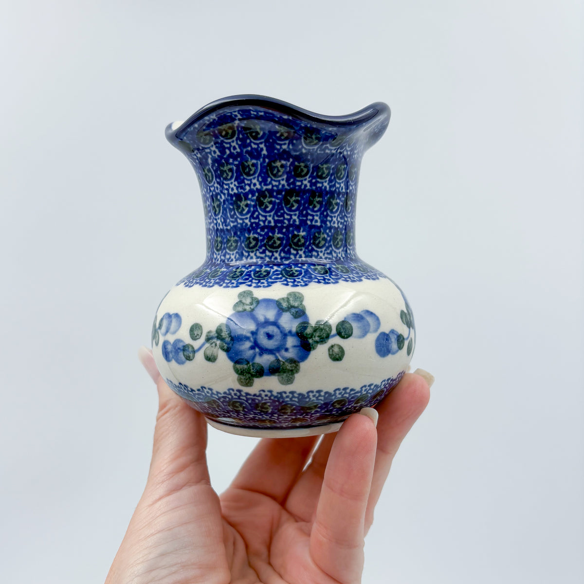 Vase Wavy 4”.  Handmade Polish pottery.  Blue Poppies