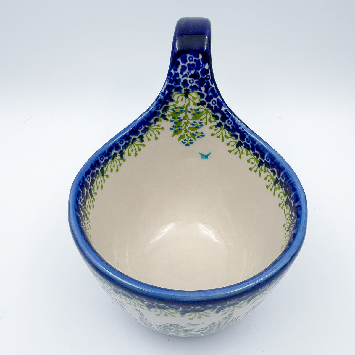 12 oz Bowl/Mug with Loop-Handle.  Hand crafted Polish pottery stoneware: UNIKAT Ducks on the Run