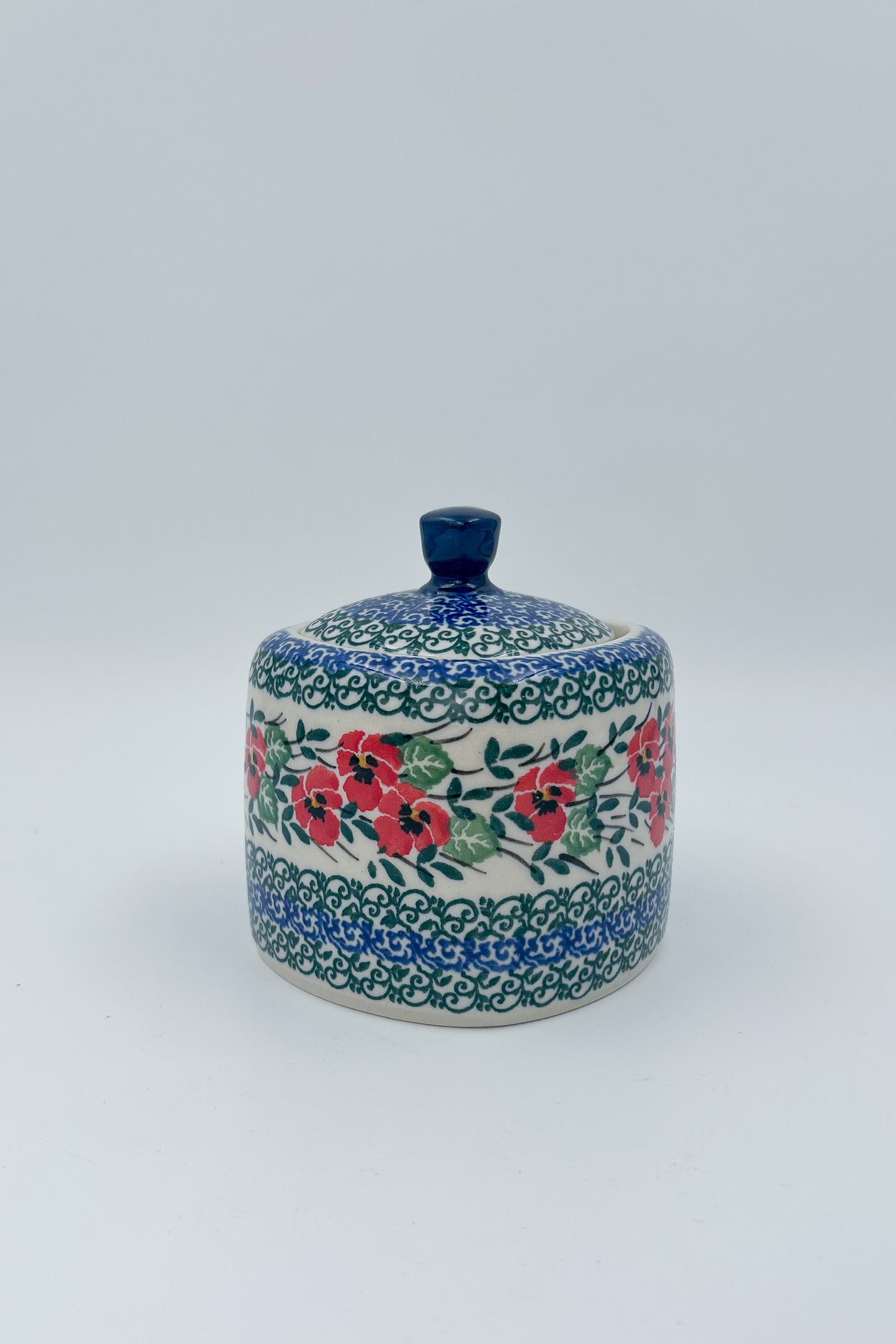 Polish pottery 9oz” square foral sugar bowl in Red Pansy Pattern. 
Ceramika Artystyczna Company