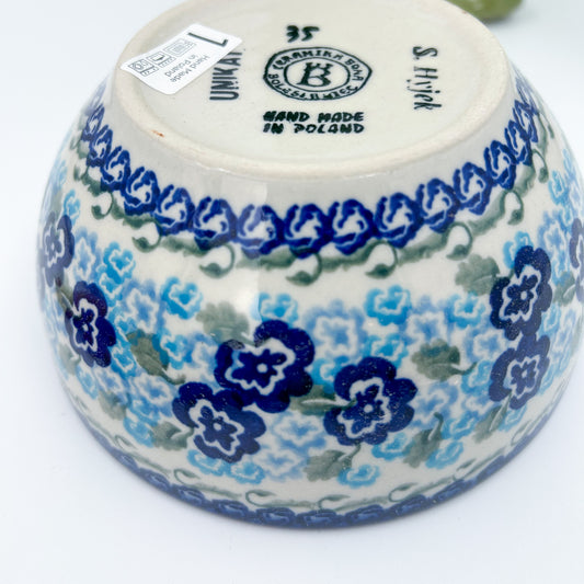 6.” Farm Bowl.  Hand crafted Polish pottery stoneware: UNIKAT Blue KISS Blooms Design