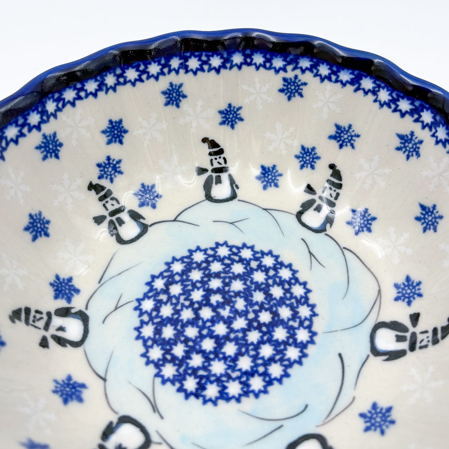 6” Shell Bowl.  Hand crafted Polish pottery stoneware:  Snowman Penguins Design