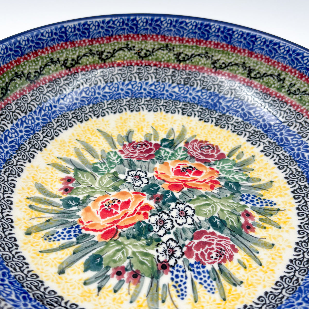 9”  Deep Bowl.  Hand crafted Polish pottery stoneware: UNIKAT Copper Rose Meadow Design
