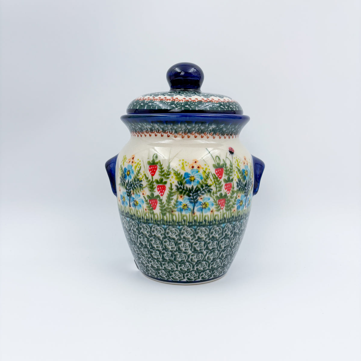 7" Lidded Jar.  Handmade Polish pottery.  UNIKAT Strawberry Fields