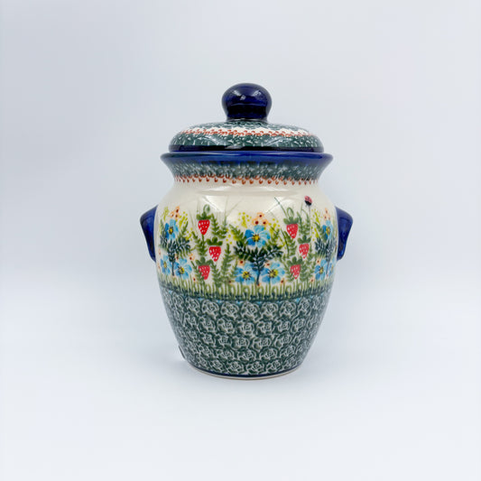7" Lidded Jar.  Handmade Polish pottery.  UNIKAT Strawberry Fields