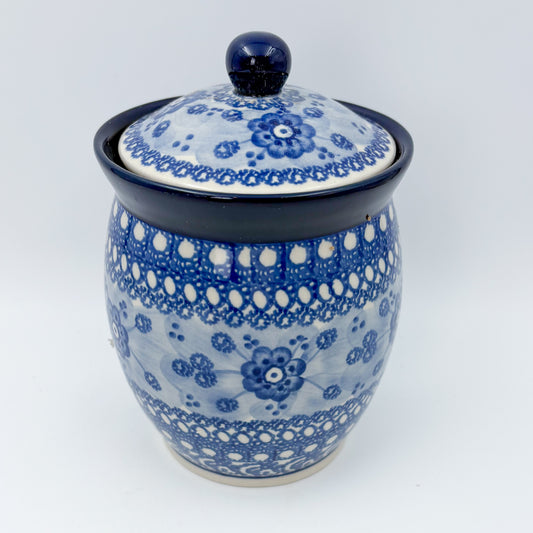 6" Lidded Jar.  Handmade Polish pottery.  UNIKAT Ble Poppy Design