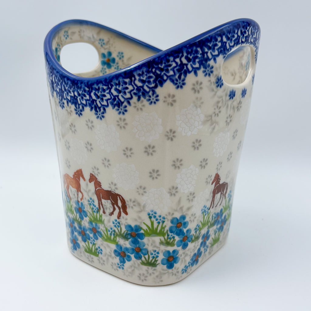 Basket Container & Utensil Med.  Handmade Polish pottery.  UNIKAT Blue Meadow Horse