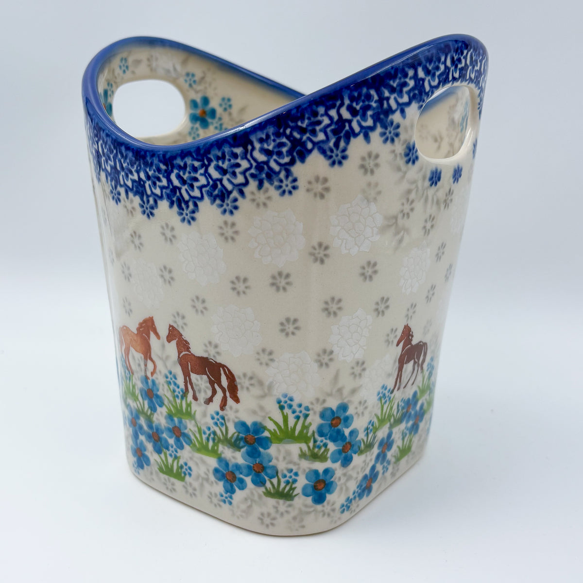 Basket Container & Utensil Med.  Handmade Polish pottery.  UNIKAT Blue Meadow Horse