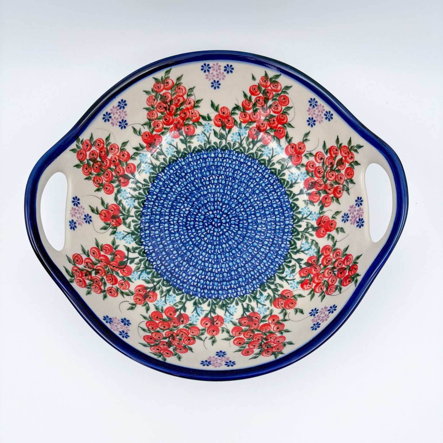 10" Bowl with Handles.  Hand crafted Polish pottery stoneware:  UNIKAT Red Berry Pattern