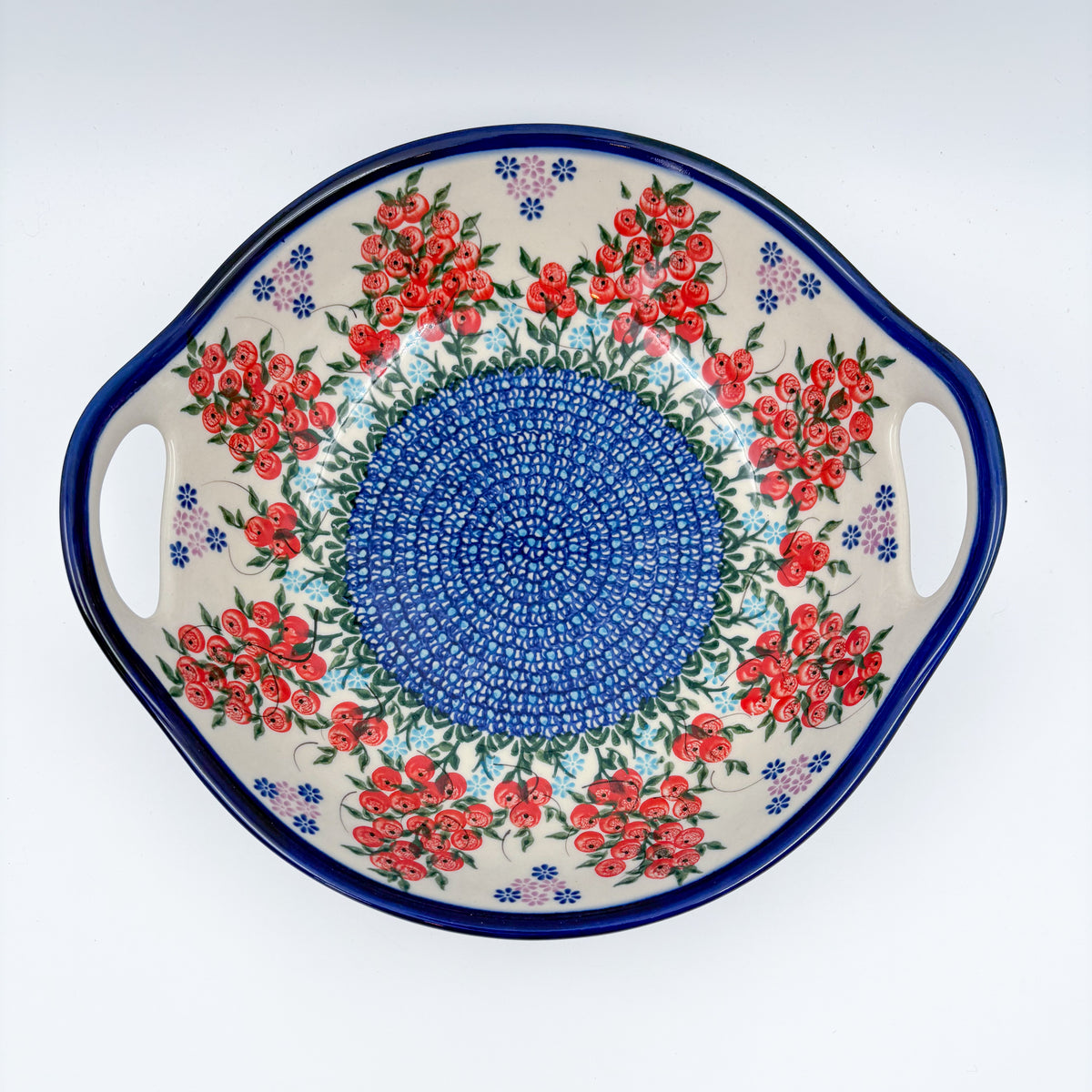 10" Bowl with Handles.  Hand crafted Polish pottery stoneware:  UNIKAT Red Berry Pattern