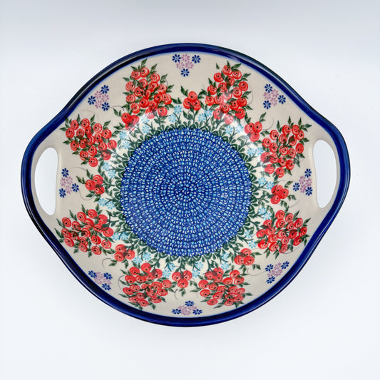 10" Bowl with Handles.  Hand crafted Polish pottery stoneware:  UNIKAT Red Berry Pattern
