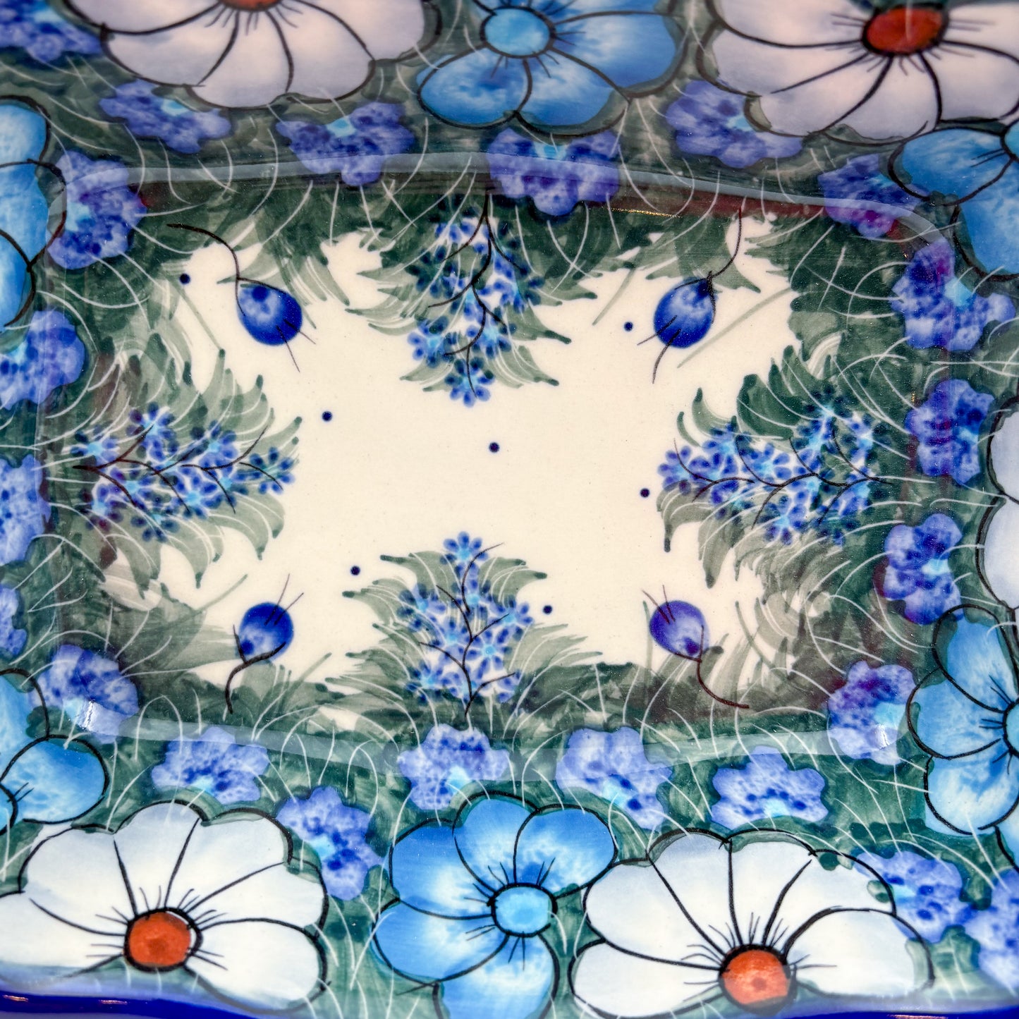 8” Rectangular Fala Baker Handmade in Poland.  UNIKAT Forget Me Not Pansy