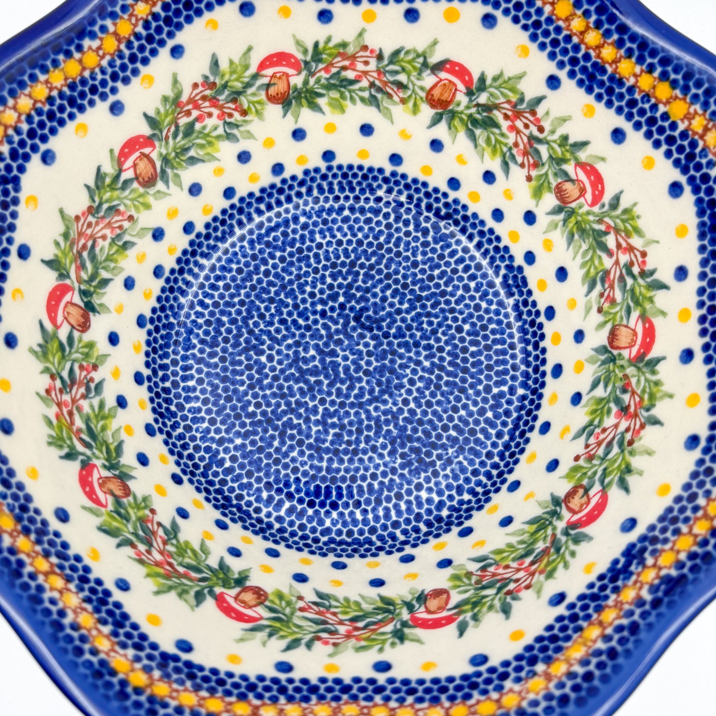 9” Wavy Bowl.  Hand crafted Polish pottery stoneware:  Mushroom Design